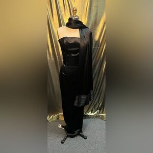 🖤✨ Jessica McClintock Gunne Sax Black Satin Strapless Dress with Matching Shawl